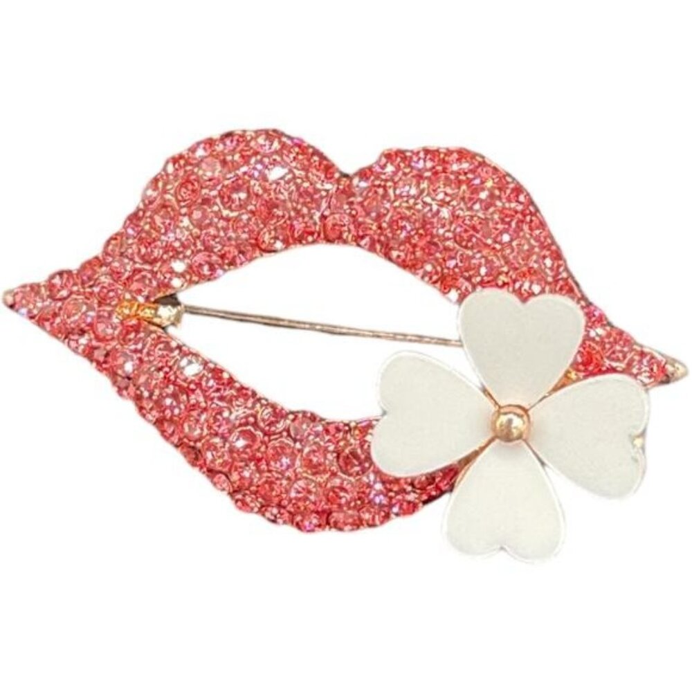 Glittery Pink Lip Brooch With White Four-Leaf Clover Accent For Women